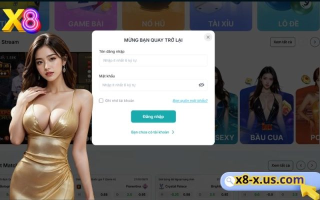 Giao diện đăng nhập cổng game X8 nhanh và đơn giản